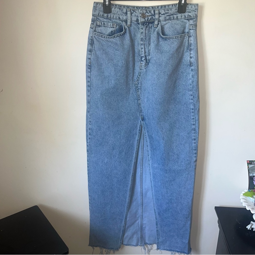 Blue Denim Jean Maxi Skirt With Front Slit